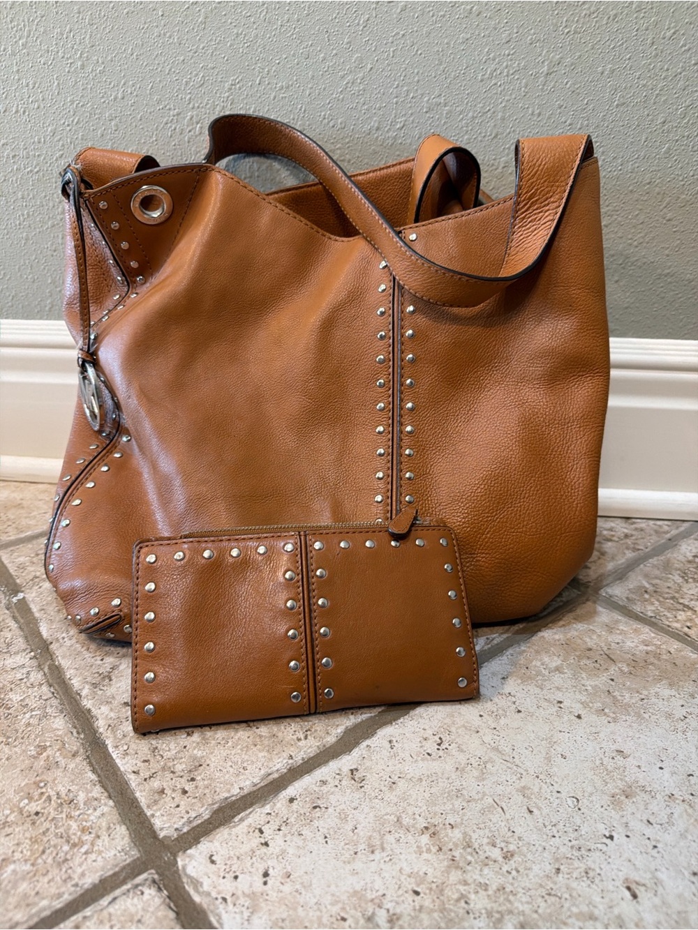Michael Kors Studded Leather Shoulder Tote and Wallet in Cognac
